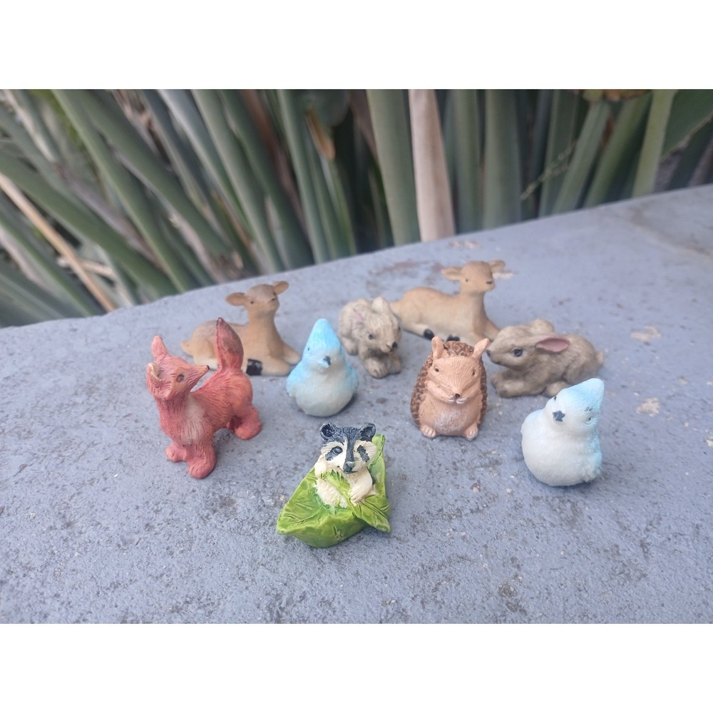 9pc Miniature Woodland Animal Figurines Resin Fairy Garden Fox Deer Rabbit Birds